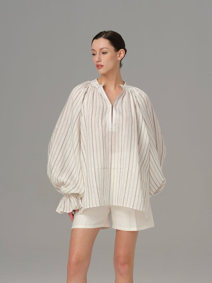 REHMAI Brown Stripe Linen Shirt, view 2 of 6